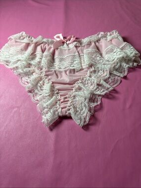 Sheer Lace Ruffle Bikini Panty - Pink with Cream Lace
